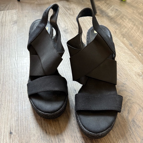 Lauren Ralph Lauren Black Wedge Espadrille Sandals Size 9 - Picture 1 of 6